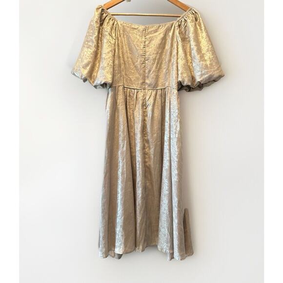 NWT Celadon Puff Sleeve Baby Doll Dress Metallic Gold Women Off Shoulder Size L - Picture 5 of 13